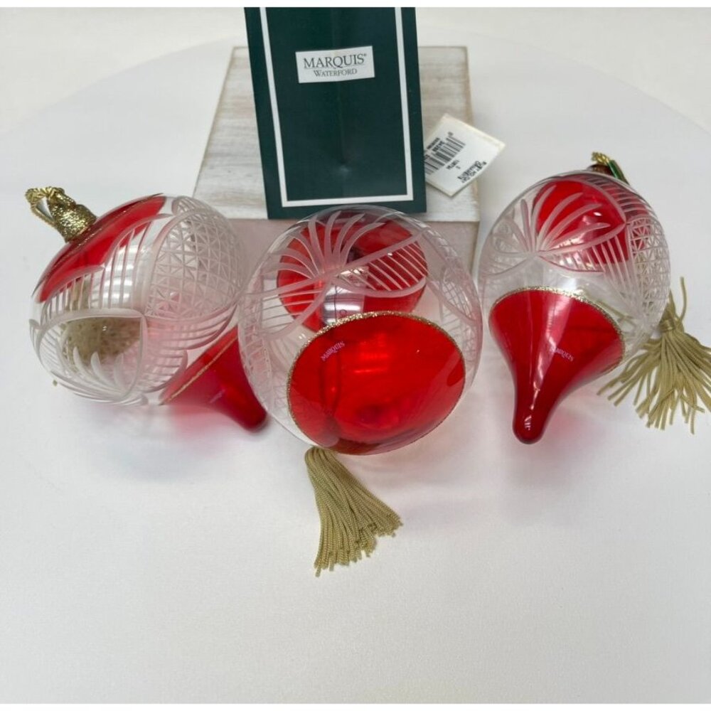 Marquis by Waterford Ruby Holiday Ornaments Set of 3 Cut Crystal Red Clear Glass - Picture 3 of 8